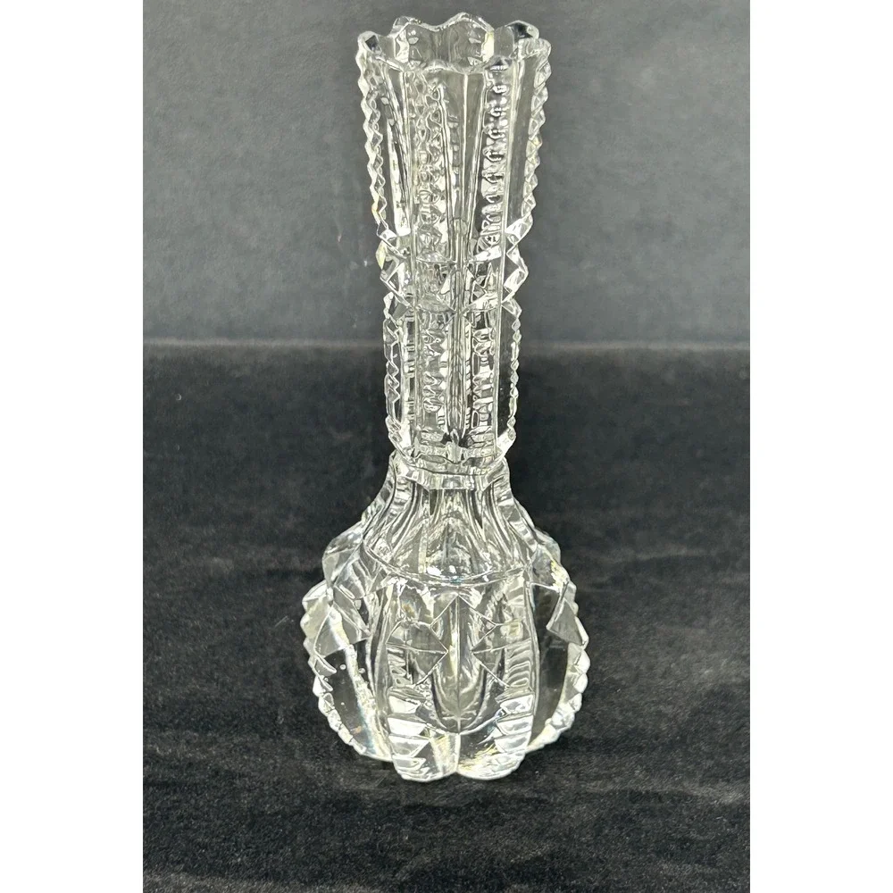 Vintage Clear Pressed Glass Bud Vase Sawtooth Rim Geometric Pattern 4.25 Inch